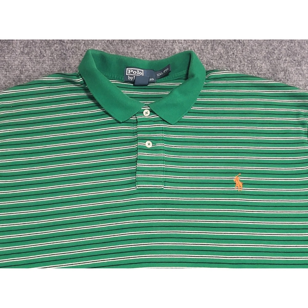 POLO RALPH LAUREN GREEN W/WHITE BLUE STRIPES ORANGE PONY POLO SHIRT SZ XX-LARGE - Picture 5 of 12